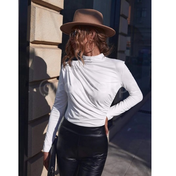 Ruched Asymmetric White Long Sleeve Shirt Slim Fit Stretchy - Picture 4 of 10